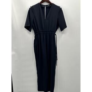Zara Jumpsuit Women’s M Navy Elastic Waist V-neck Short Sleeve Split Back Pocket